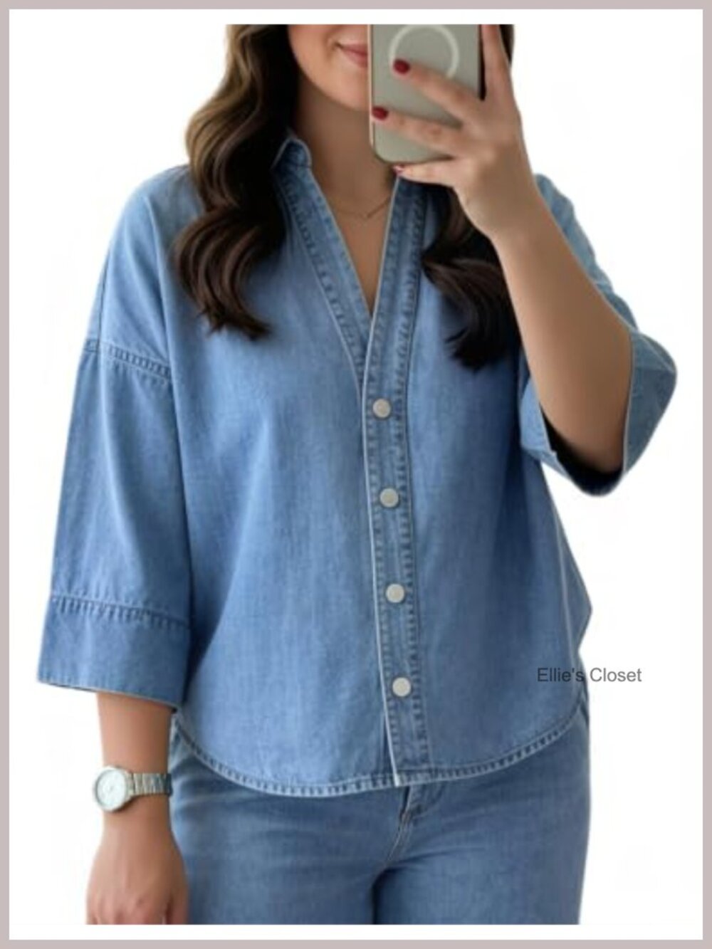 Women's Oversized Denim Button Down Shirt Chambray Jean Top Shacket 3/4 Sleeve